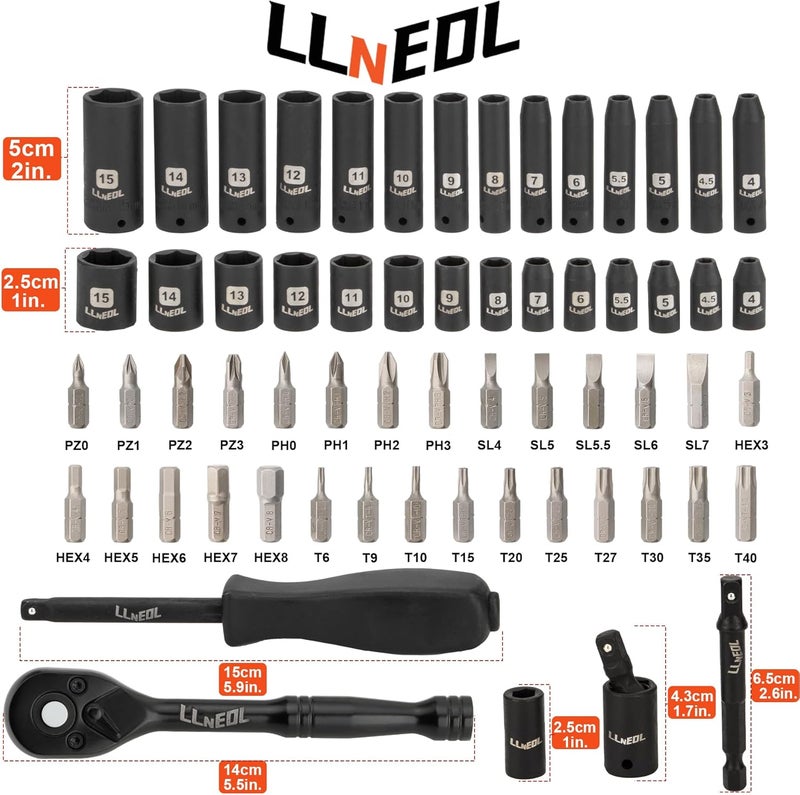 LLNEDL 1/4 inch Impact Socket Set, 63 Piece Drive Socket Wrench Set Metric (4-15mm) Deep and Shallow 6 Point, Automotive Tool Kit with 72T Ratchet for Bicycle & Car Repairing - Image 2